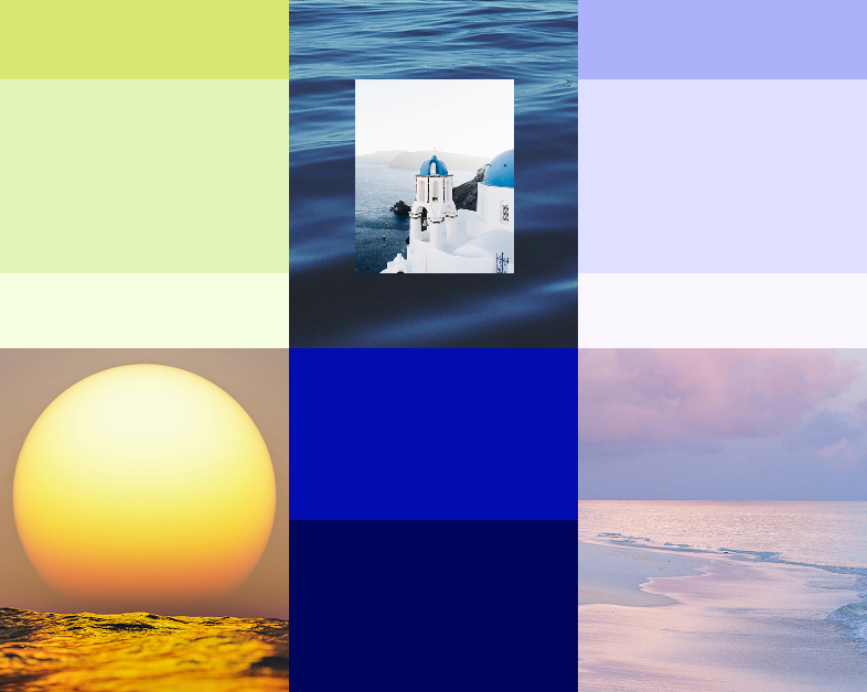 Eine Farbpalette mit Farbmustern in Gelb, Blau und Violett sowie Fotos der Sonne, der Ägäis und einer lila Küste, die die Markenfarben von aenergi repräsentieren.