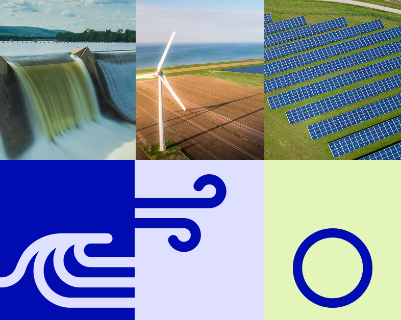 Eine Collage, die Wasserkraft, eine Windturbine und Sonnenkollektoren mit abstrakten Wellen- und Kreissymbolen in den Markenfarben von aenergi kombiniert und verschiedene Lösungen für erneuerbare Energien symbolisiert.