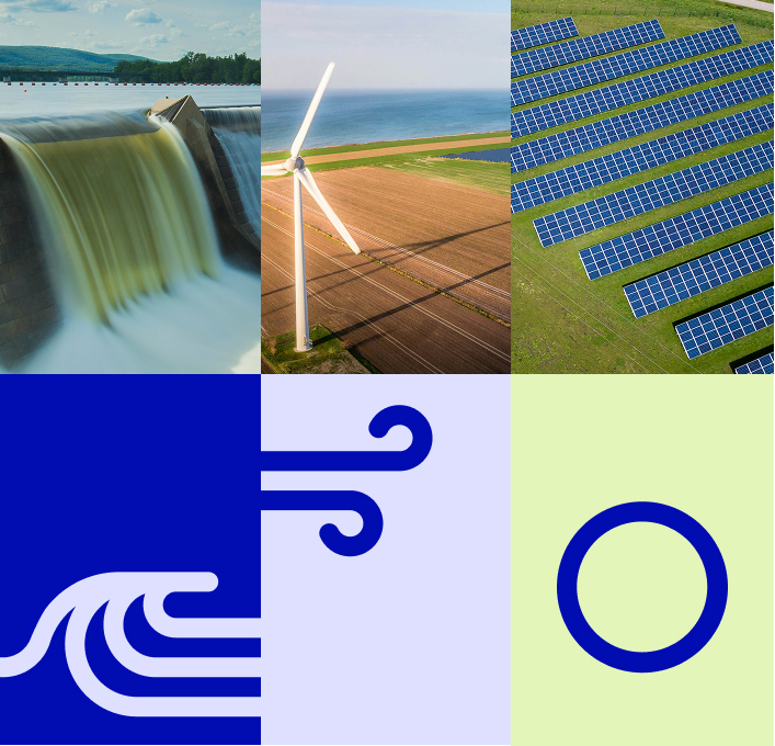 Eine Collage, die Wasserkraft, eine Windturbine und Sonnenkollektoren mit abstrakten Wellen- und Kreissymbolen in den Markenfarben von aenergi kombiniert und verschiedene Lösungen für erneuerbare Energien symbolisiert.