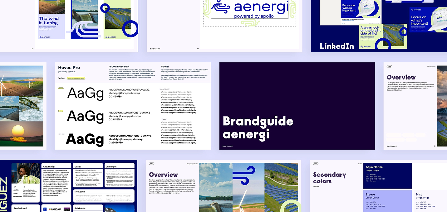 Pitchdeck und Styleguide von Aenergi, entworfen von Studio Tülü, präsentieren die Markenidentität mit Typografie, Farbpalette, Fotografie und LinkedIn-Vorlagen für soziale Medien für ein Unternehmen für erneuerbare Energien.