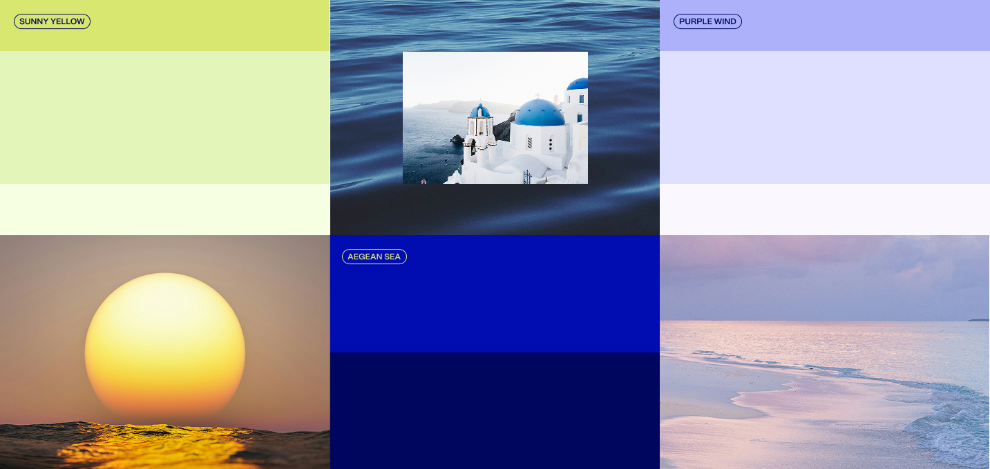Eine Farbpalette mit Farbmustern in Gelb, Blau und Violett sowie Fotos der Sonne, der Ägäis und einer lila Küste, die die Markenfarben von aenergi repräsentieren.