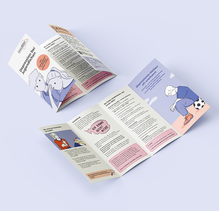 Information flyer for teachers about depression in adolescents, with illustrated characters, symptoms, and guidance on supporting students.