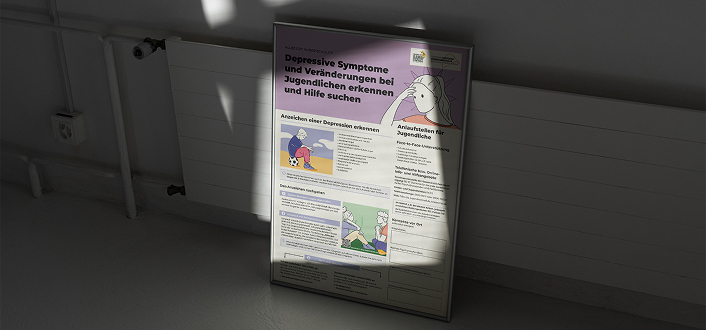 Information poster for schools about recognizing depressive symptoms in adolescents and finding support services, designed with illustrations and clear sections