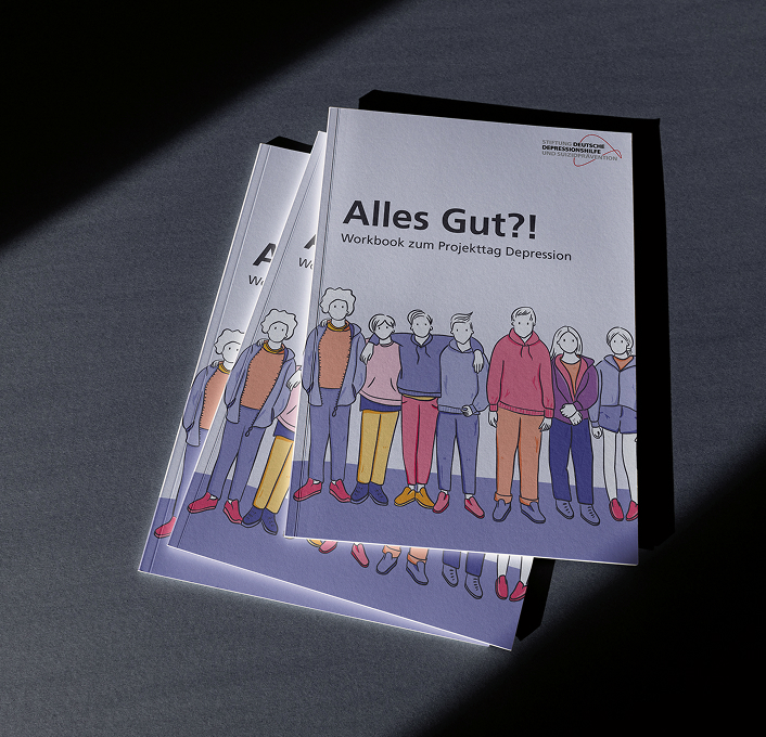 Cover of the workbook Alles Gut?! – Workbook zum Projekttag Depression with illustrated group of young people standing together.