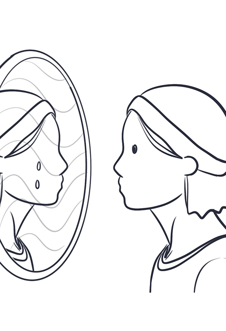 Sketch of a person looking into a mirror, where their reflection appears with tears, symbolizing feelings of worthlessness and low self-esteem.