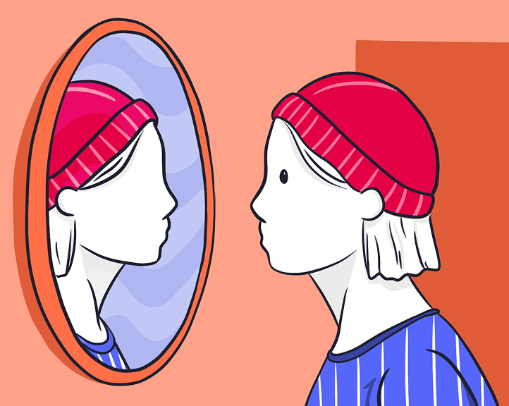 Illustration of a person wearing a red beanie looking into a mirror, symbolizing self-reflection and feelings of worthlessness.