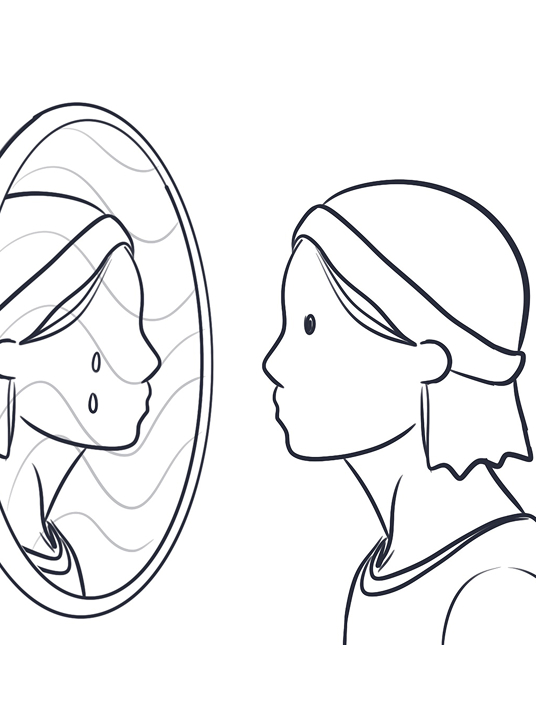 Sketch of a person looking into a mirror, where their reflection appears with tears, symbolizing feelings of worthlessness and low self-esteem.