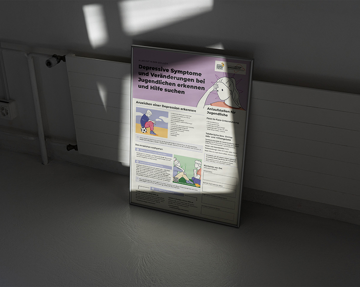 Information poster for schools about recognizing depressive symptoms in adolescents and finding support services, designed with illustrations and clear sections