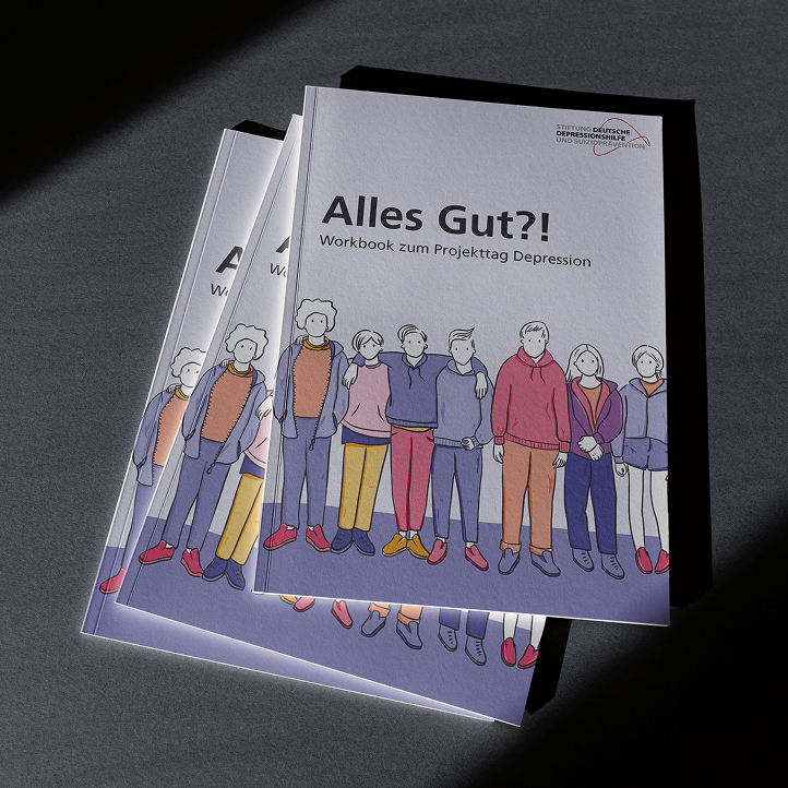 Cover of the workbook Alles Gut?! – Workbook zum Projekttag Depression with illustrated group of young people standing together.