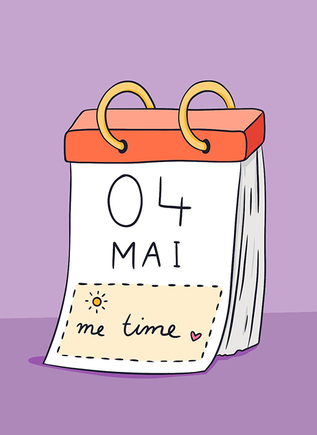 Illustration of a desk calendar showing May 4 with a note that says ‘me time,’ symbolizing self-care and mental health awareness.