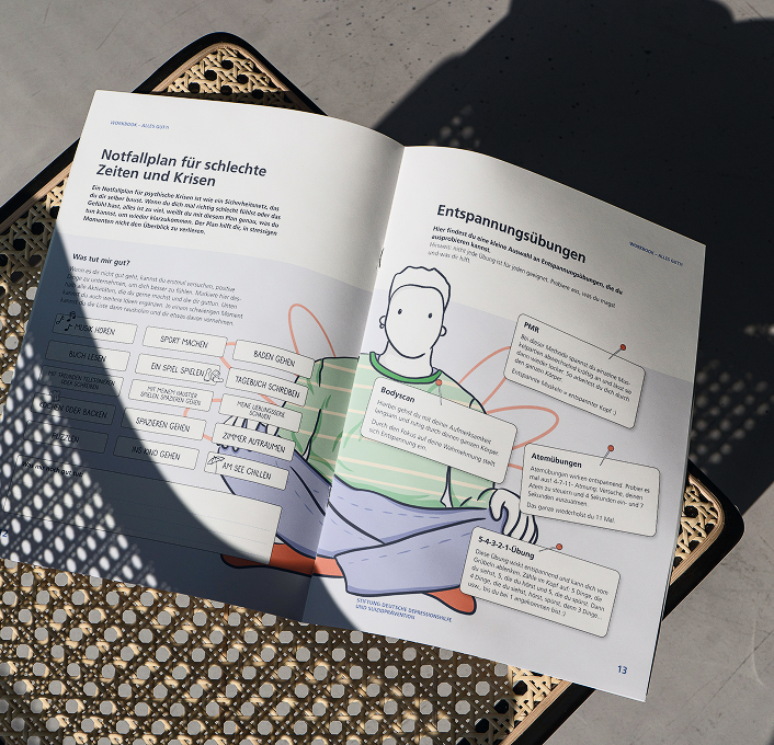 Workbook spread for students showing emergency plan for crises and relaxation exercises with illustrated character and practical tips.