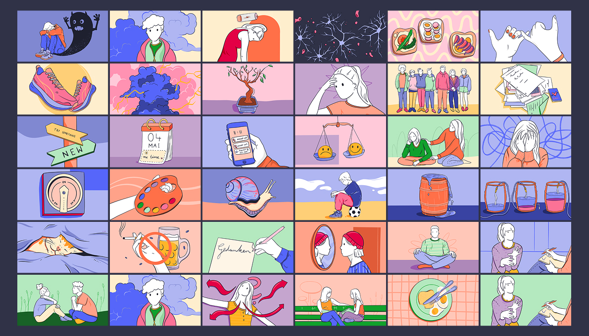 Collection of all project illustrations on depression and mental health for students, showing symbolic drawings about symptoms, self-care, and support.
