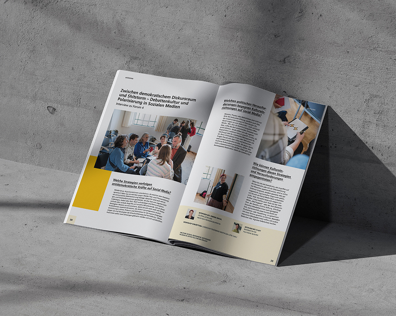 Veröffentlichung von Stellung beziehen, Demokratie verteidigen! mit Interviews, Fotos und gelben redaktionellen Gestaltungselementen.