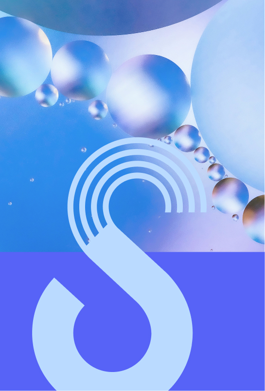 Close-up of the Simplyfined logomark in blue, highlighting its dynamic, fluid shape symbolizing transformation and continuous cycles.