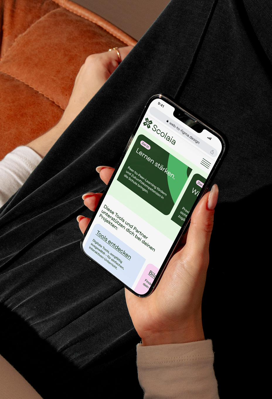 Scolaia website on mobile showing inspiration and implementation sections