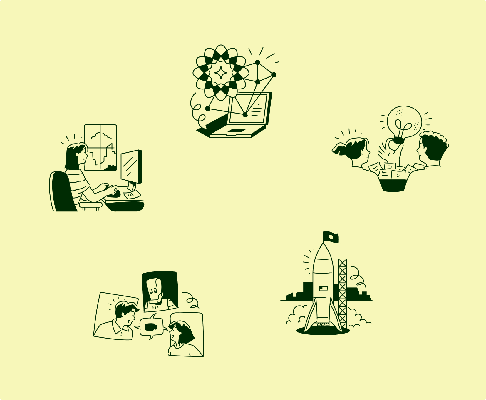 Line illustrations representing learning, AI, collaboration, and innovation