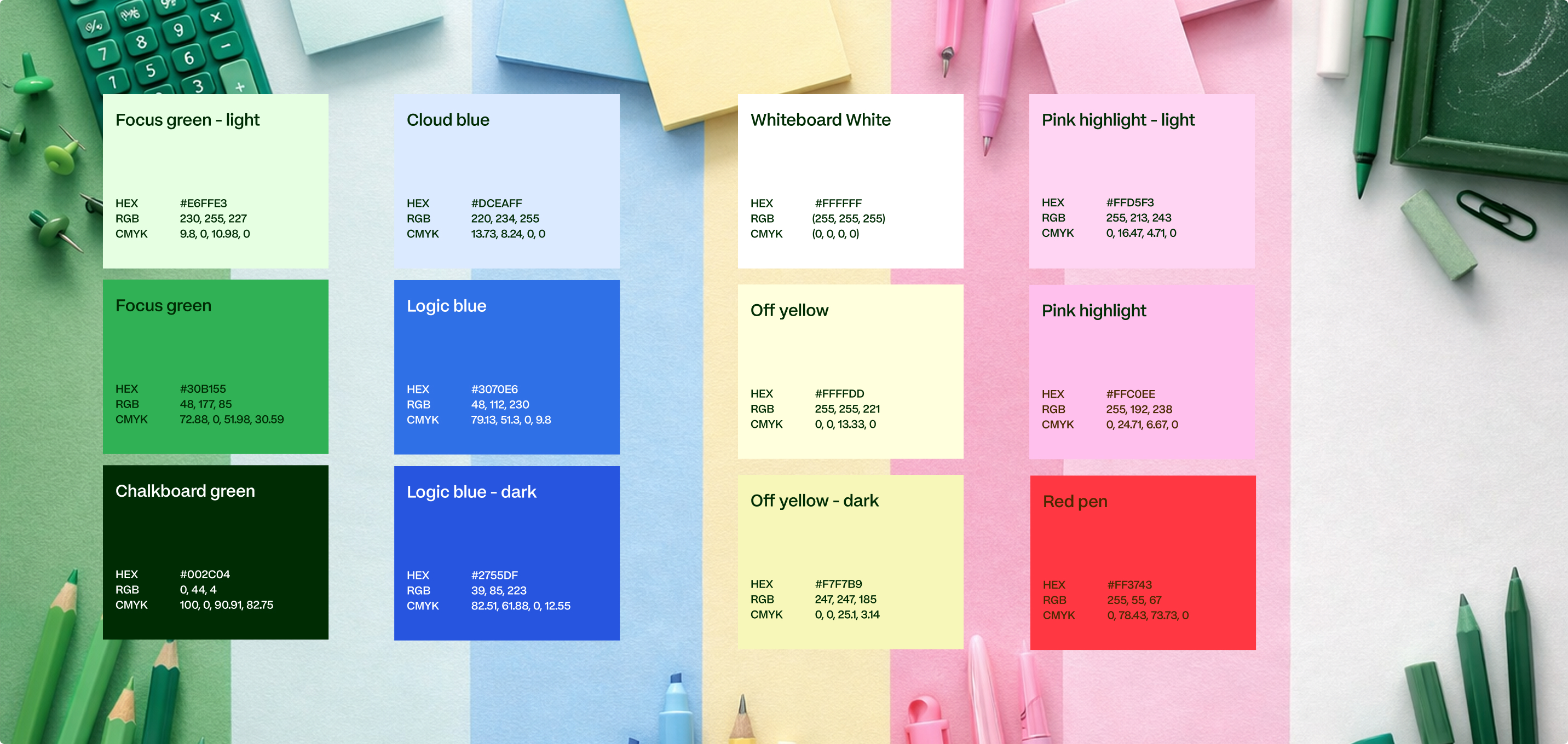Scolaia color palette with green, blue, yellow, and pink tones including HEX values