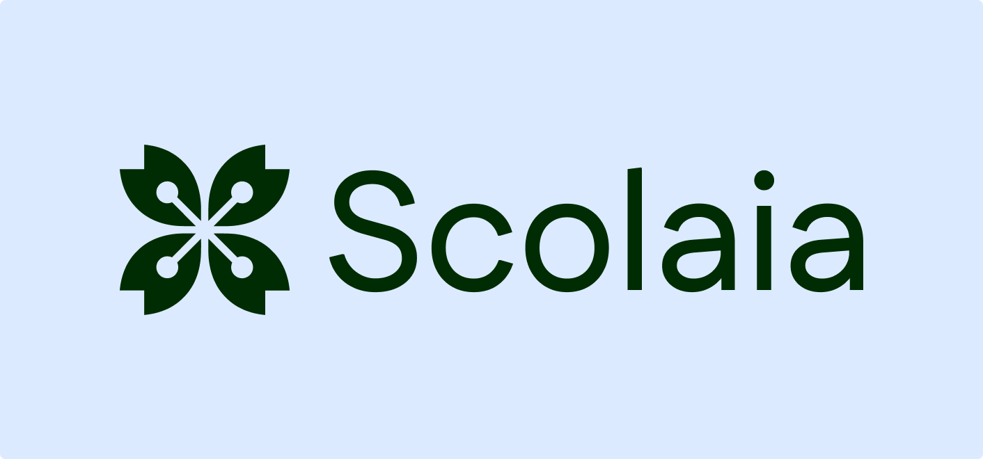 Scolaia logo in dark green on a light blue background