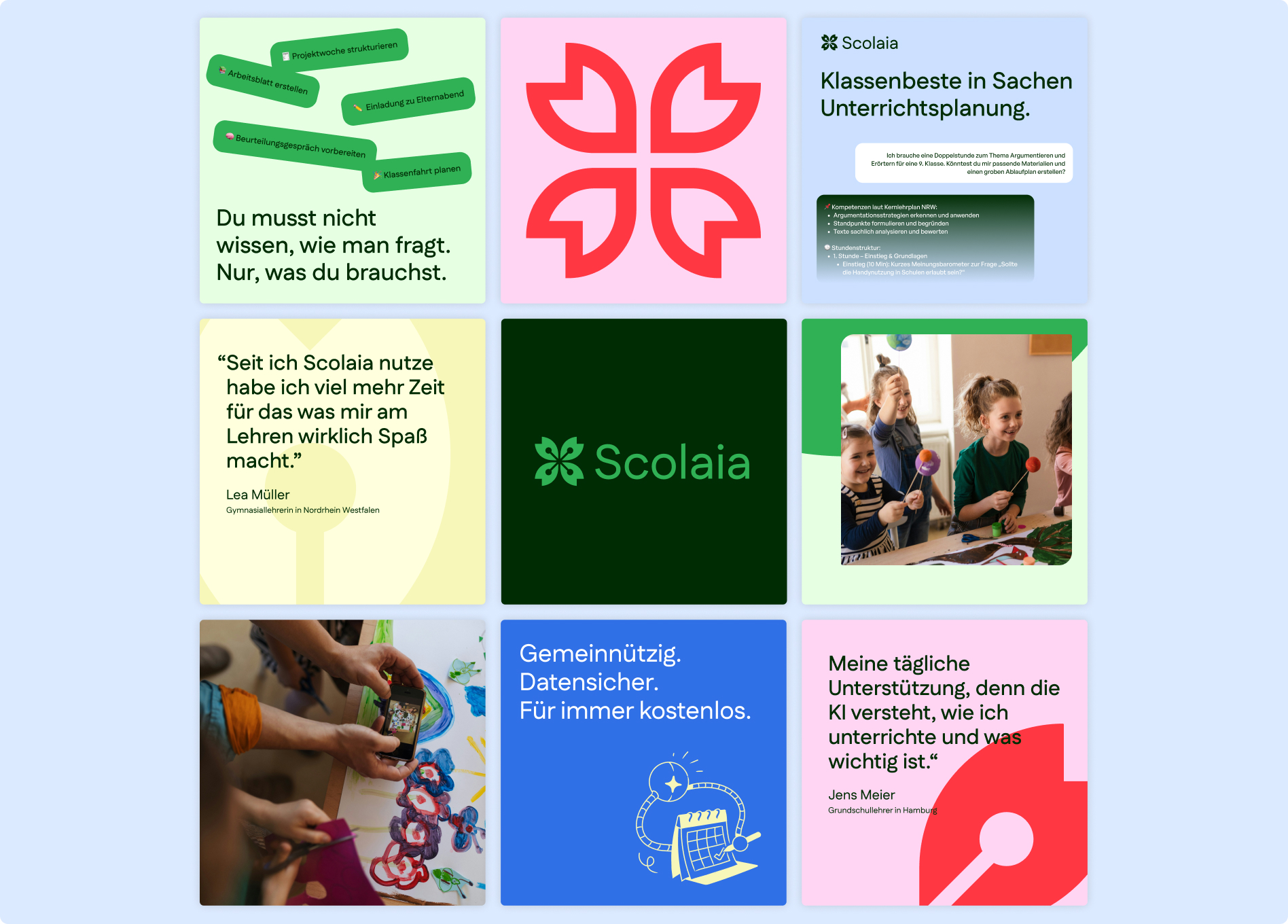 Social media grid featuring Scolaia branding, testimonials, and classroom scenes