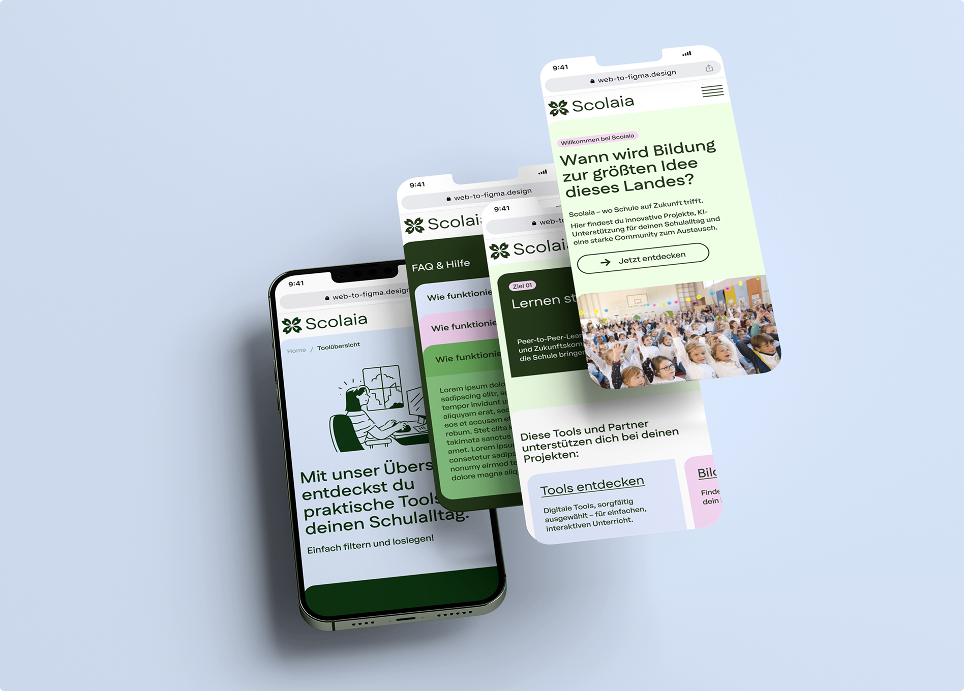 Mobile Scolaia website on smartphone with card layout and FAQ section