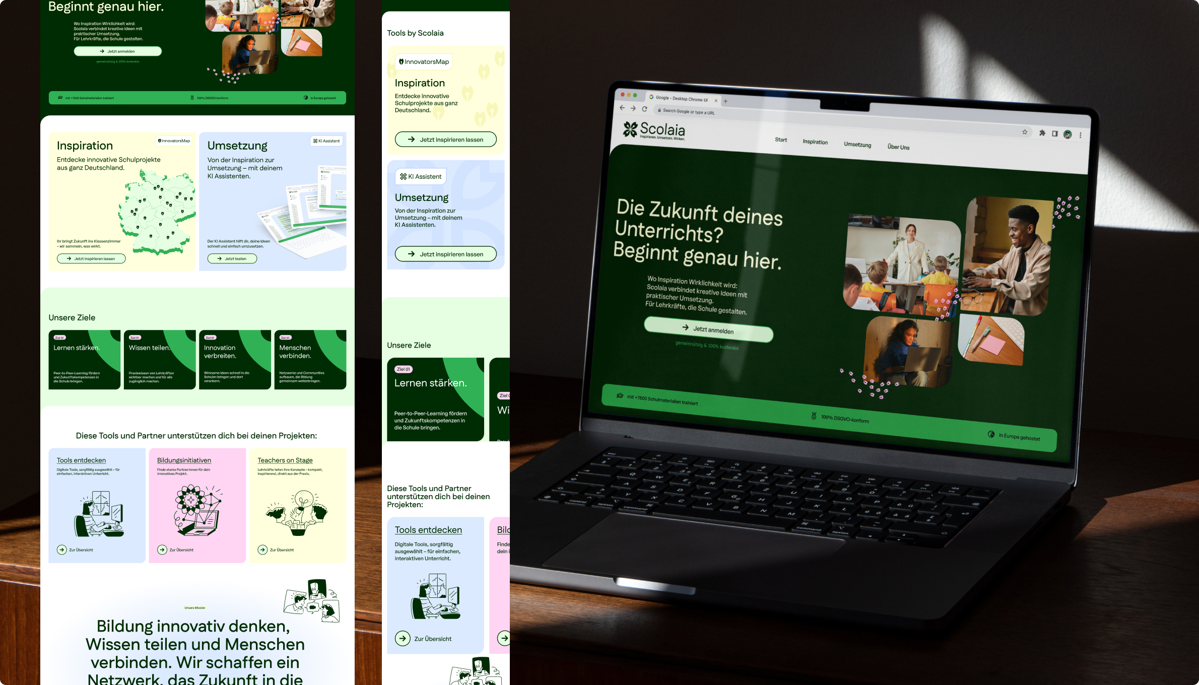 Scolaia website displayed on laptop with extended homepage layout and content sections
