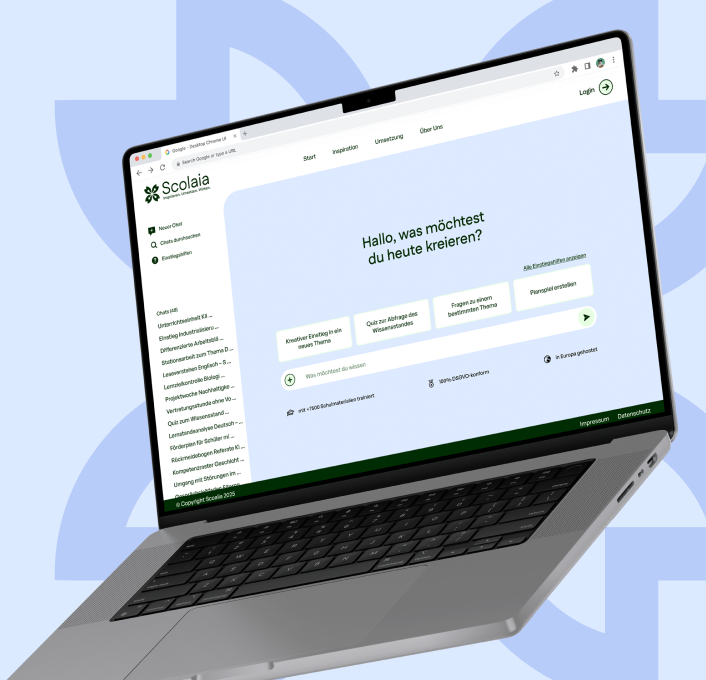 Laptop displaying the Scolaia AI workspace interface with content creation options