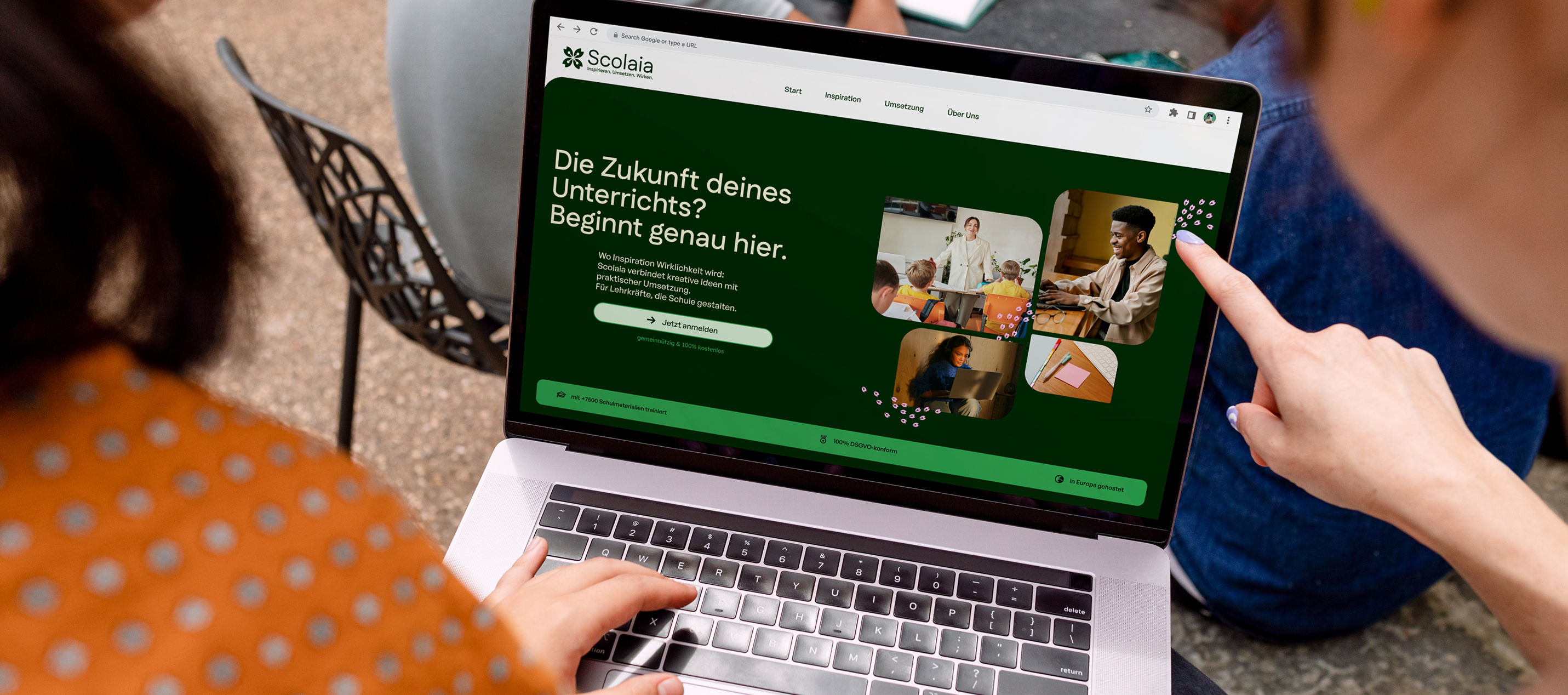 Person using laptop showing the Scolaia homepage with green hero section and call-to-action