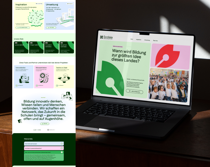 Laptop on wooden table displaying a German education website with sections on inspiration, implementation, goals, tools, and partnerships emphasizing innovative education.
