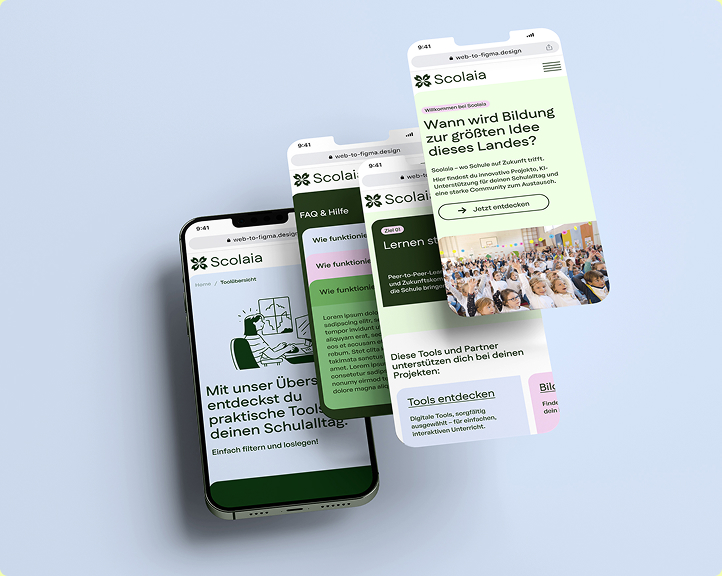 Four overlapping smartphone screens displaying a German-language educational website with headings about practical school tools, learning support, and future teaching methods.