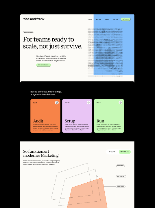 Website-Layout mit der Überschrift „Für Teams, die bereit sind, zu skalieren, nicht nur zu überleben“, einem Einführungstext, einem Navigationsmenü und den drei farbigen Schritten mit den Bezeichnungen Audit, Setup und Run, die einen Marketingsystemprozess mit einem unten stehenden Radardiagramm veranschaulichen.