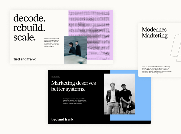 Drei Folien zum Thema Marketing mit Text und Fotos: eine mit „Decode. Rebuild. Scale.“ und einem lila Textblock, eine mit dem Titel „Modernes Marketing“ und eine schwarze Folie mit der Aufschrift „Marketing verdient bessere Systeme.“ mit einem Foto von zwei Männern.
