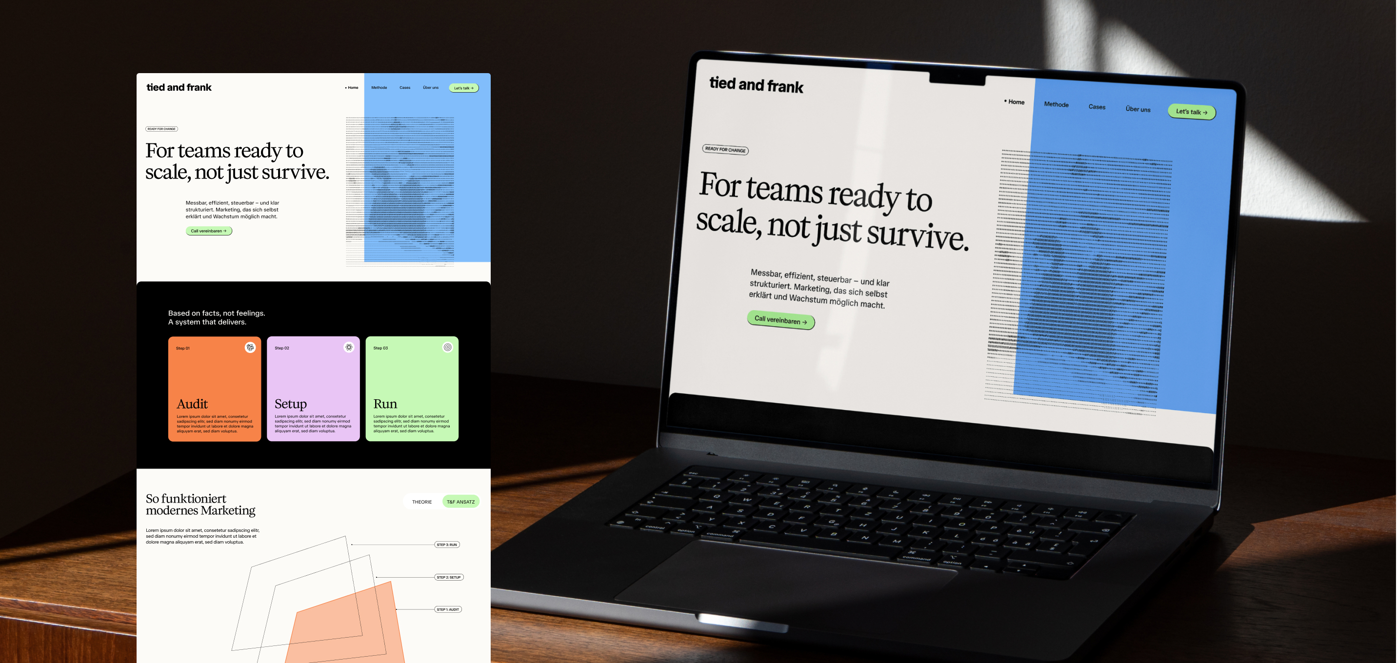 Laptop auf einem hölzernen Schreibtisch mit der Startseite einer Unternehmenswebsite mit der Überschrift „Für Teams, die bereit sind, zu skalieren, nicht nur zu überleben“.
