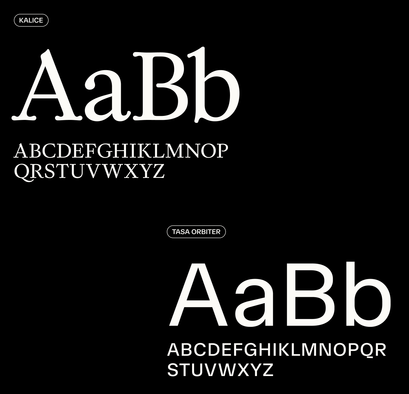 Vergleich zweier Serifenschriften: Kalice mit klassischen, dekorativen Strichen und Tasa Orbiter mit modernen, klaren Linien, die Groß- und Kleinbuchstaben zeigen.