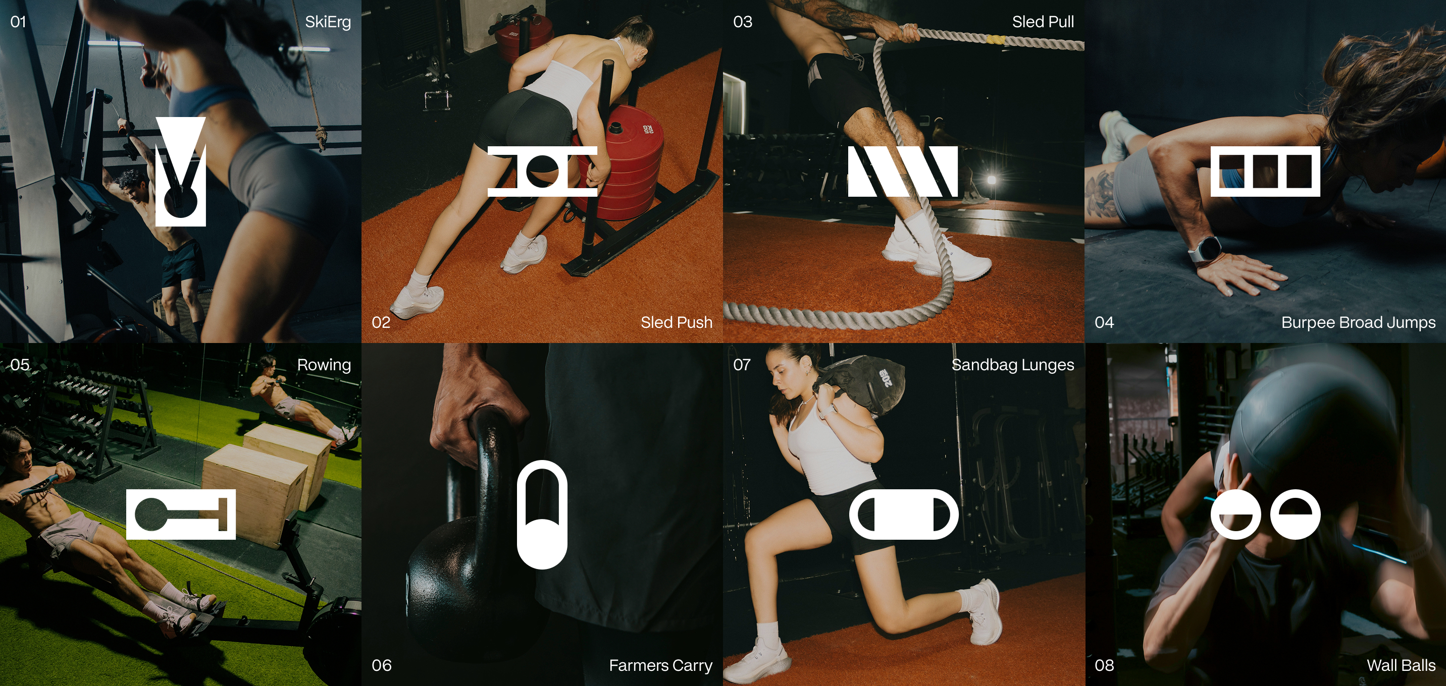 Collage of eight fitness workouts: a woman using a SkiErg machine, a woman pushing a weight sled, a man pulling a rope for sled pull, a woman doing burpee broad jumps, a man rowing on a rowing machine, a close-up of a kettlebell for farmers carry, a woman doing sandbag lunges, and two people performing wall balls with a medicine ball.