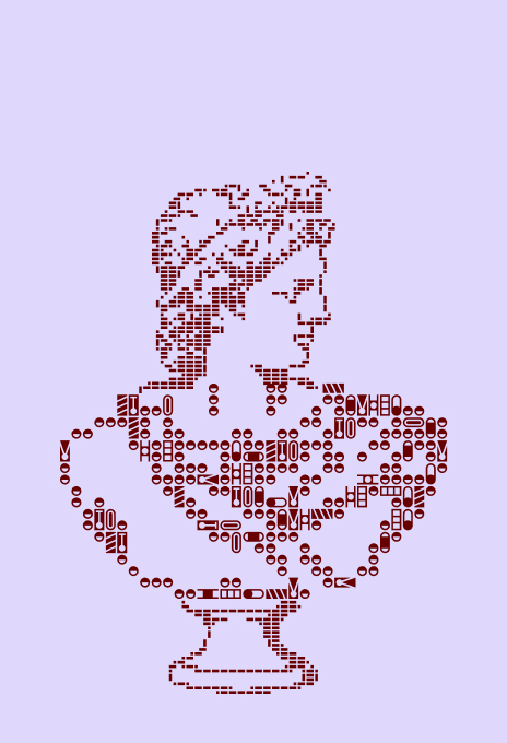 A digital art portrait of a classical bust featuring a person's profile with curly hair wrapped in a headband, detailed clothing, and a pedestal base, made up of various HYROX icons on a light purple background.