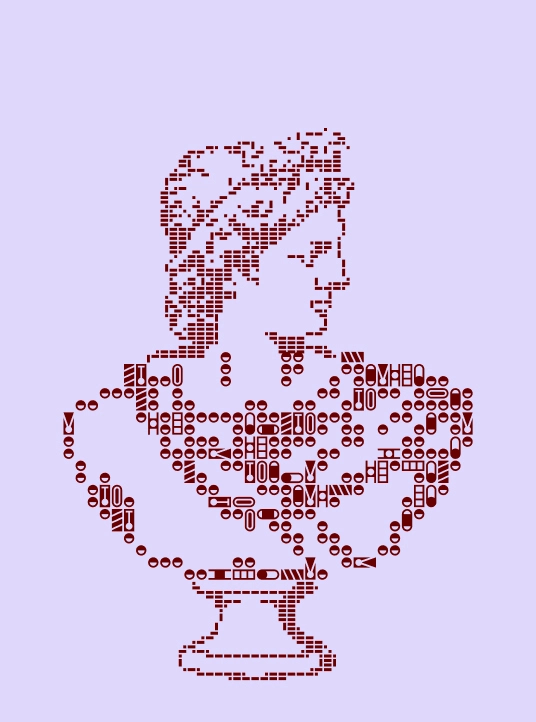 A digital art portrait of a classical bust featuring a person's profile with curly hair wrapped in a headband, detailed clothing, and a pedestal base, made up of various HYROX icons on a light purple background.