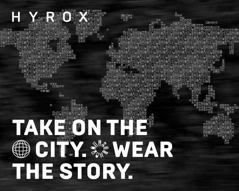 A stylized world map made of various small icons in light gray on a black background, with bold white text overlay saying 'TAKE ON THE CITY WEAR THE STORY.' accompanied by a globe icon and a circular icon with different symbols.