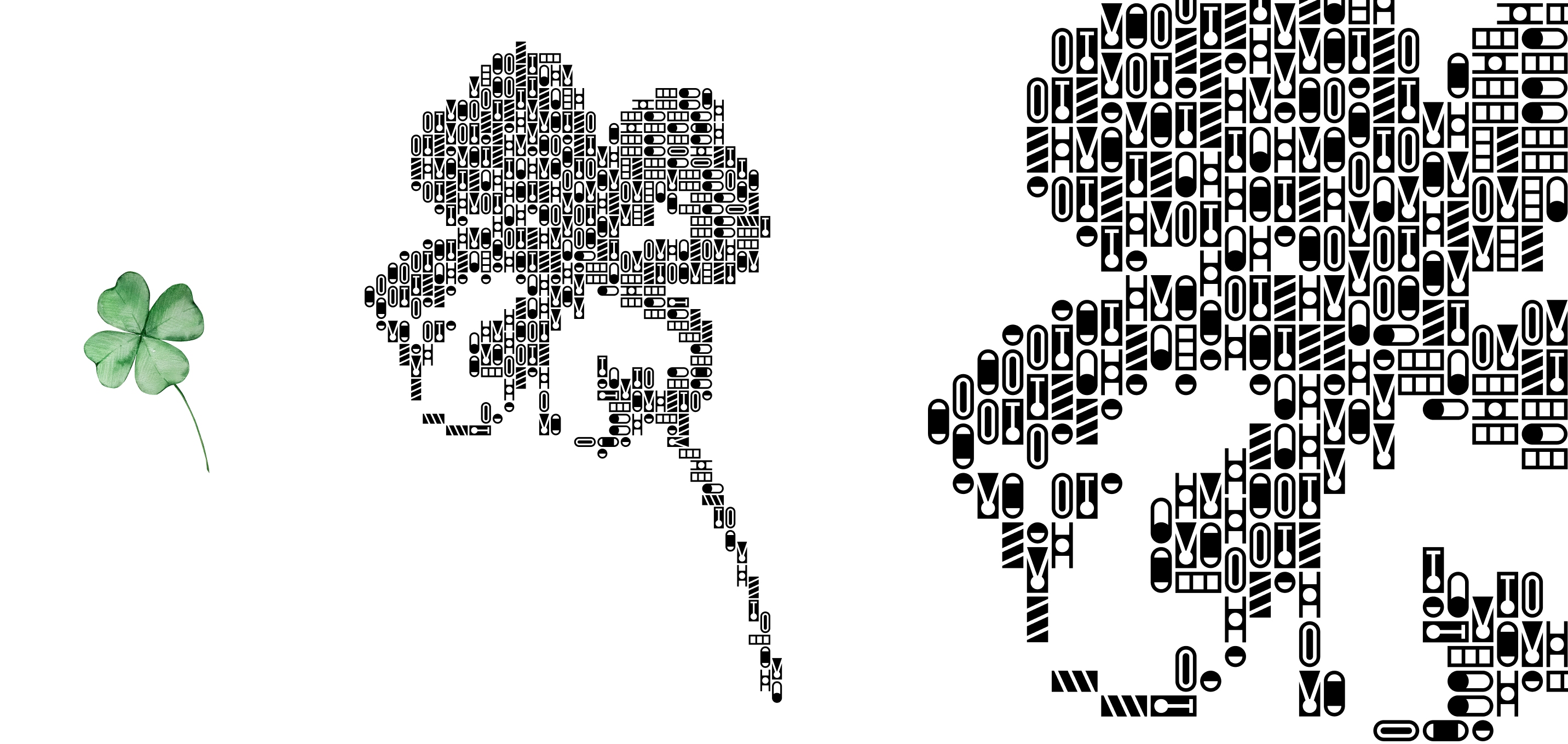 Three images showing a green four-leaf clover on the left, a black and white stylized four-leaf clover in the center made of the various HYROX Icons, and a close-up detail of the stylized clover on the right with HYROX Icons.