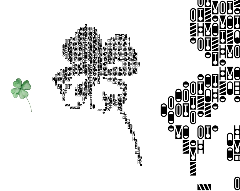 Three images showing a green four-leaf clover on the left, a black and white stylized four-leaf clover in the center made of the various HYROX Icons, and a close-up detail of the stylized clover on the right with HYROX Icons.