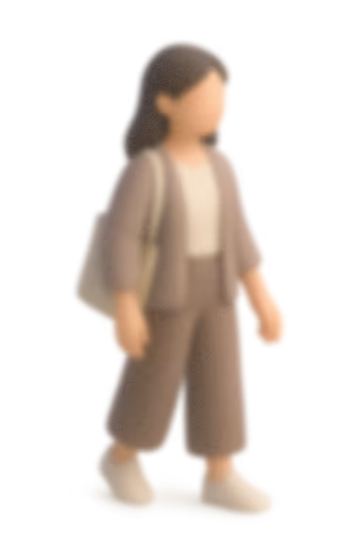 Isometric, softly blurred 3D avatar—symbolizing artists working between art and execution with both urgency and care.