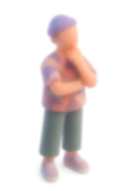 Isometric, softly blurred 3D avatar of a creative director in a reflective stance—carrying vision and responsibility under deadlines.