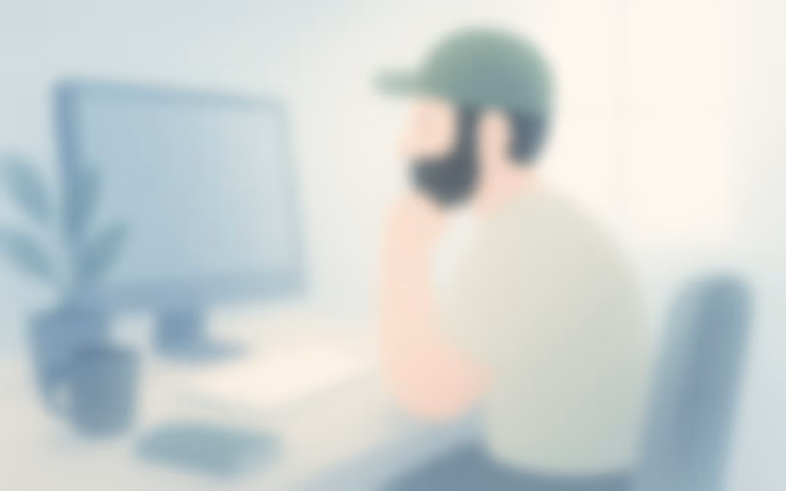 Dreamy, softly blurred illustration of a man at his desk, pausing in thought before a computer screen, surrounded by gentle morning light — evoking hesitation, reflection, and quiet creative moments.