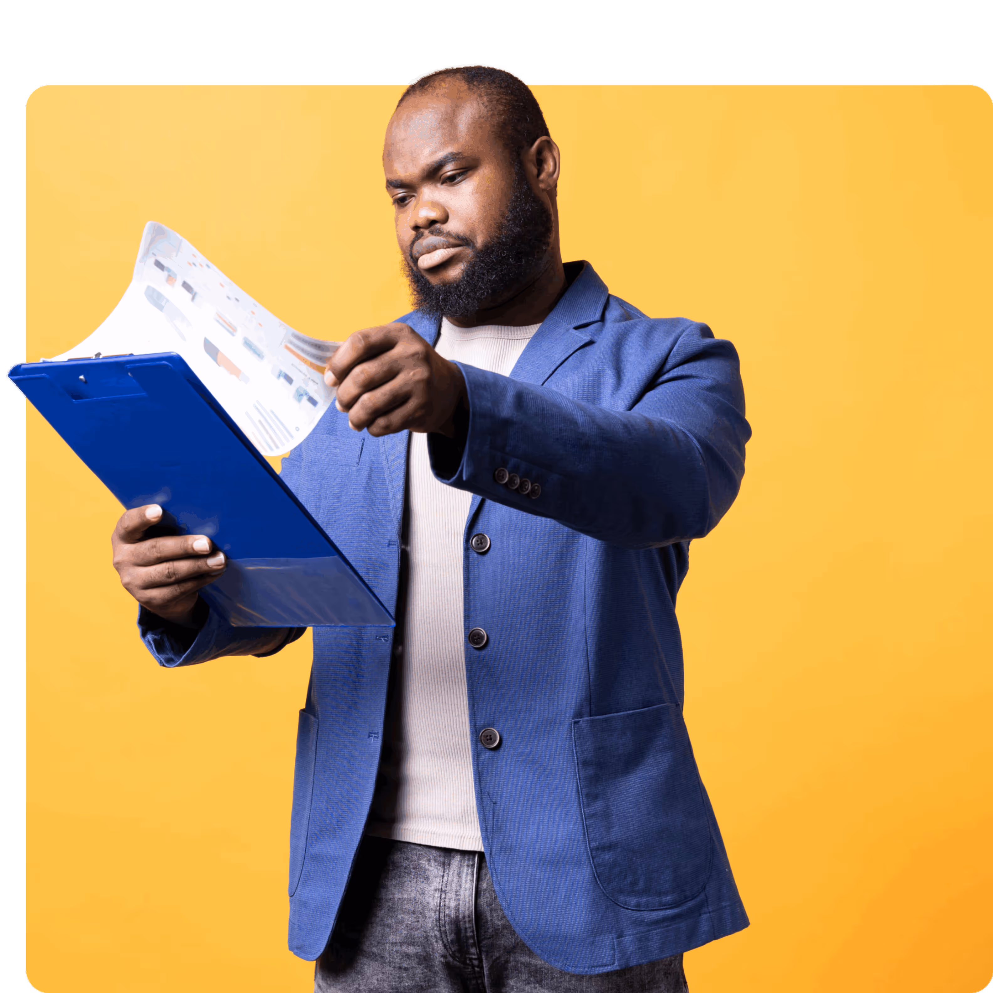 Man holding compiled files.