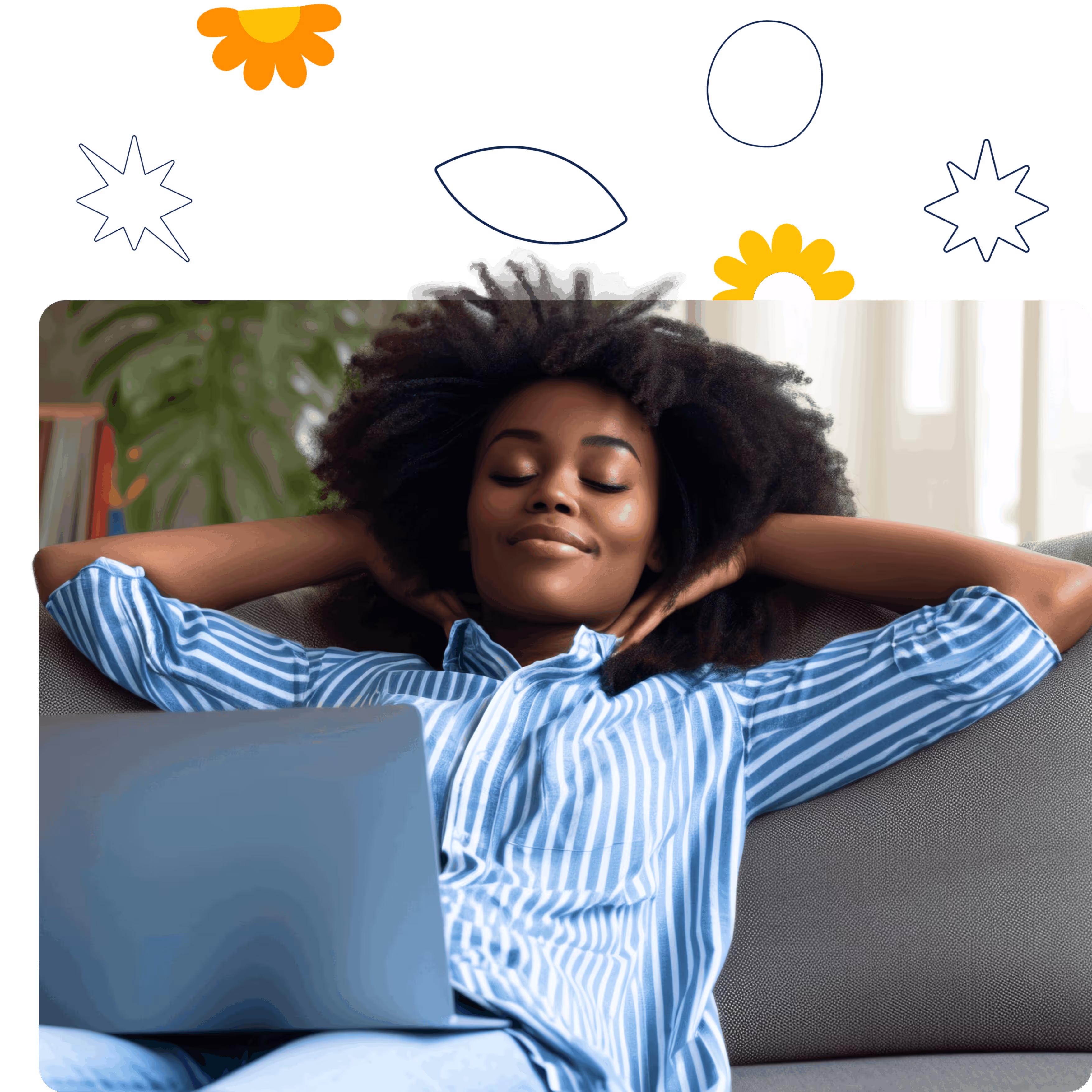Young lady sitting relaxed on home sofa with laptop on her lap.