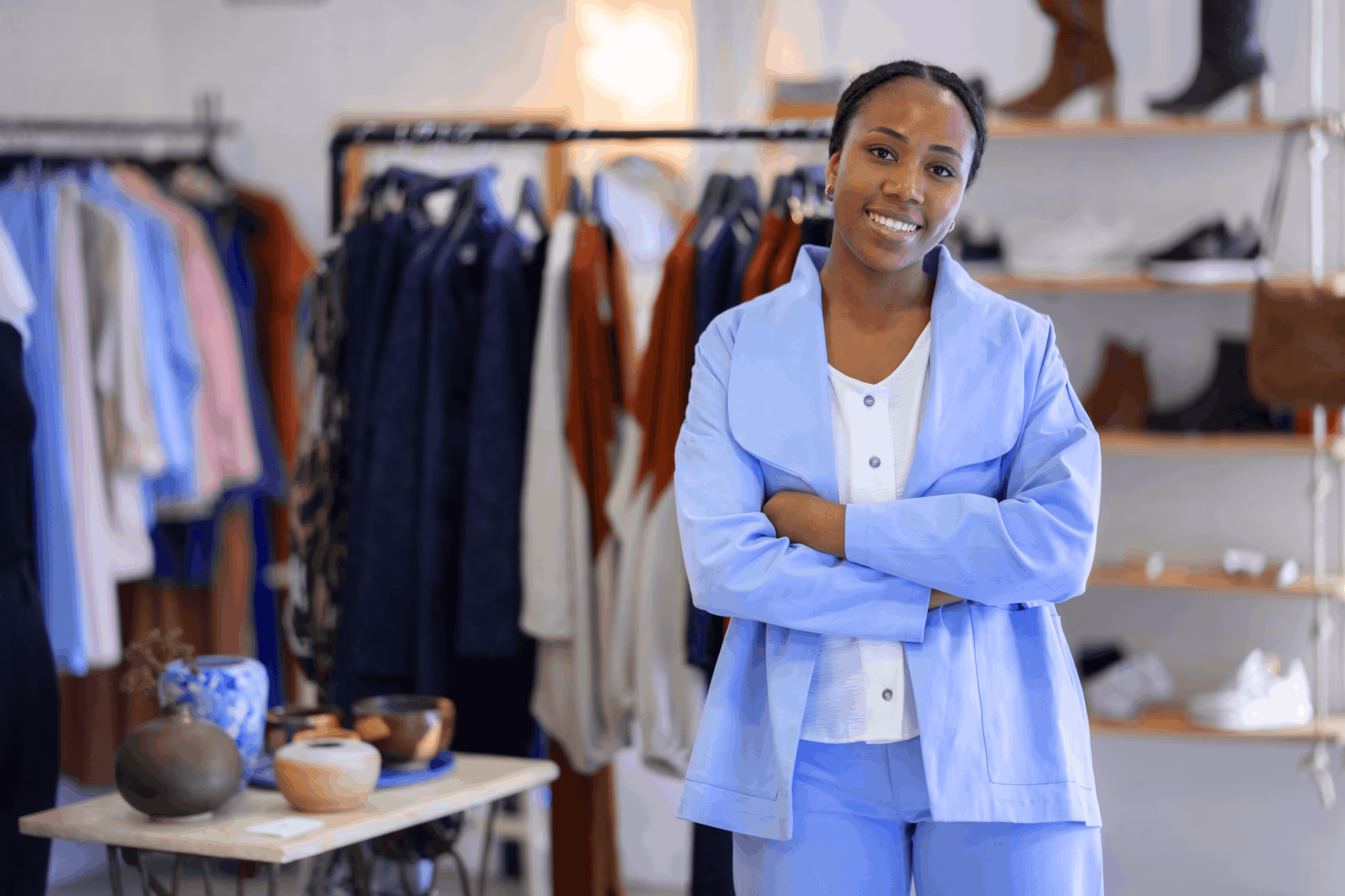 Young lady standing in her clothing store smiling and happy with her business. enjoying what she loves to do.
