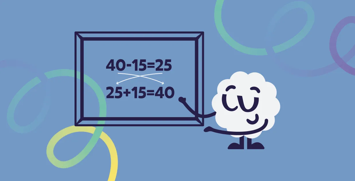Mascot explaining reverse addition for subtraction in Brainster's math for kids Level 1.