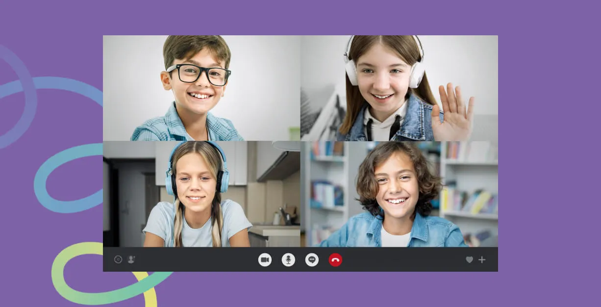 Four young students participating in a group online math tutoring session on screen.