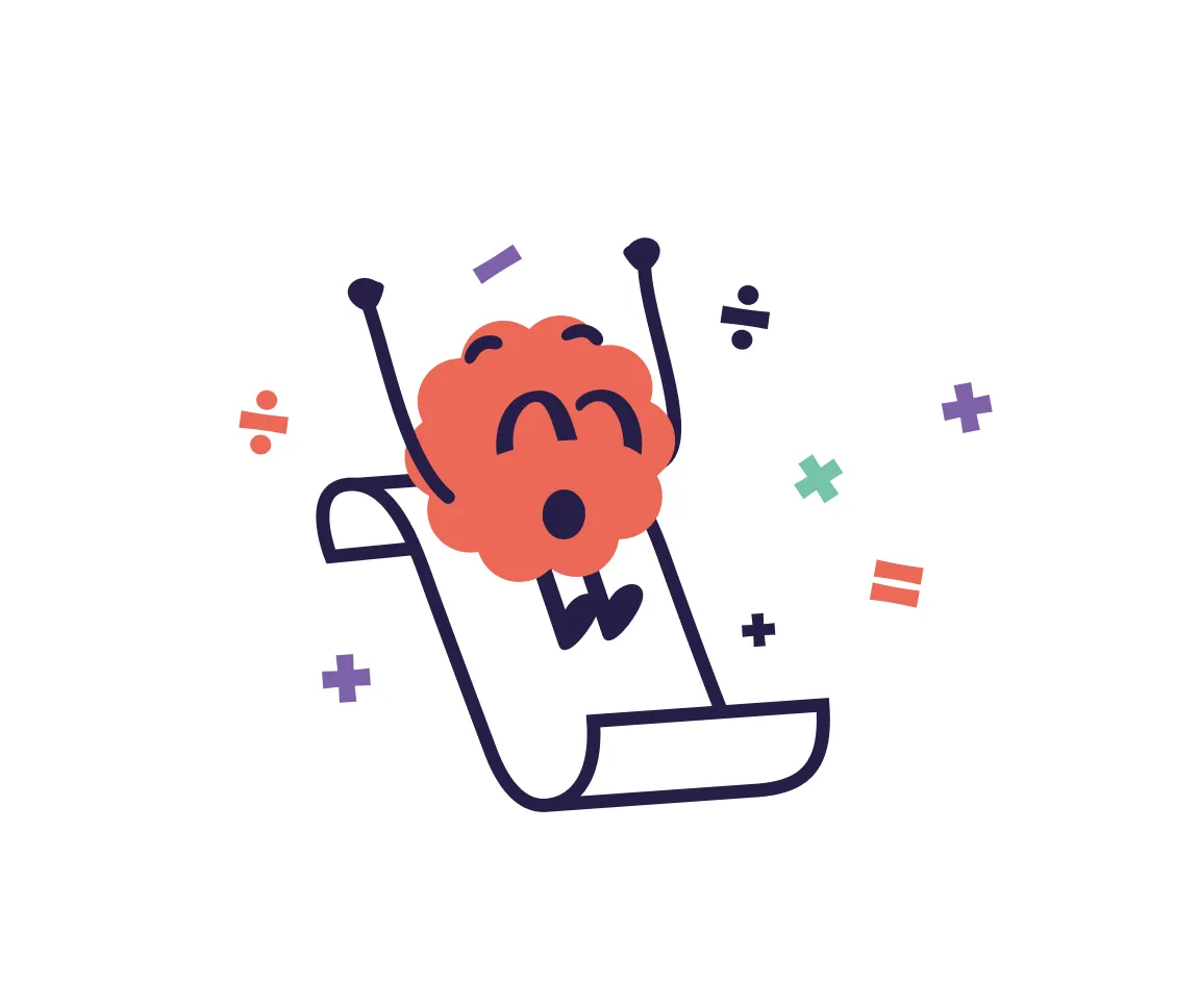 An illustration of the Brainster Math mascot excitedly sliding down a large sheet of paper.