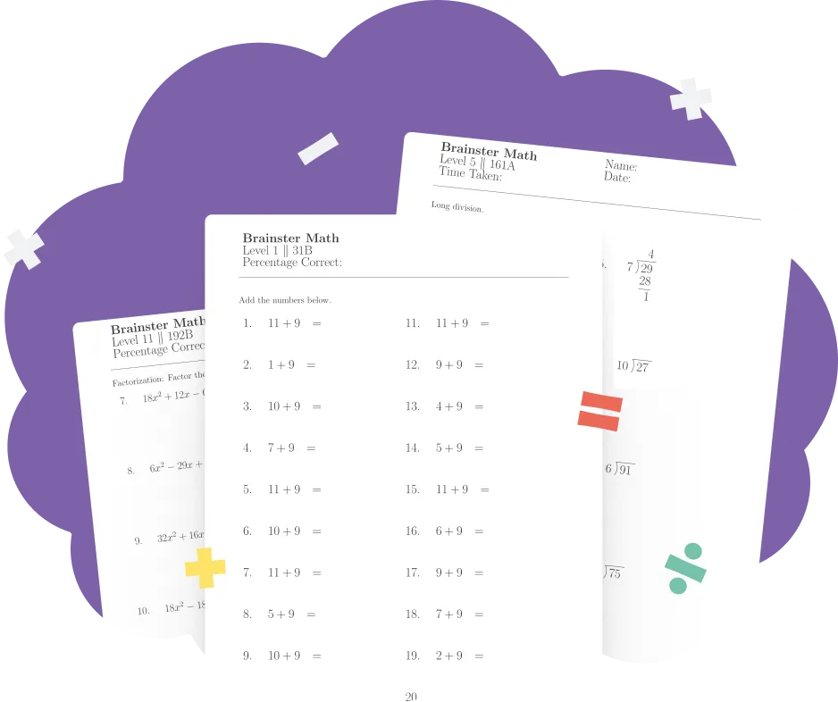 Preview of three printable worksheets covering different math skills