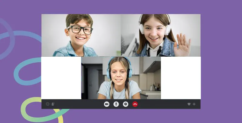 Four young students participating in a group online math tutoring session on screen.